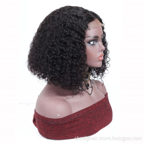 Shmily Swiss Lace Front Closure 4*4 Human Hair Short Curly Bob Wigs Peruvian Wholesale Virgin Human Hair Wig With Kinky Curls